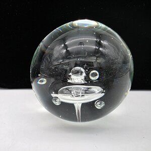Hand Blown Clear Glass Paperweight With Controlled Bubbles 3"